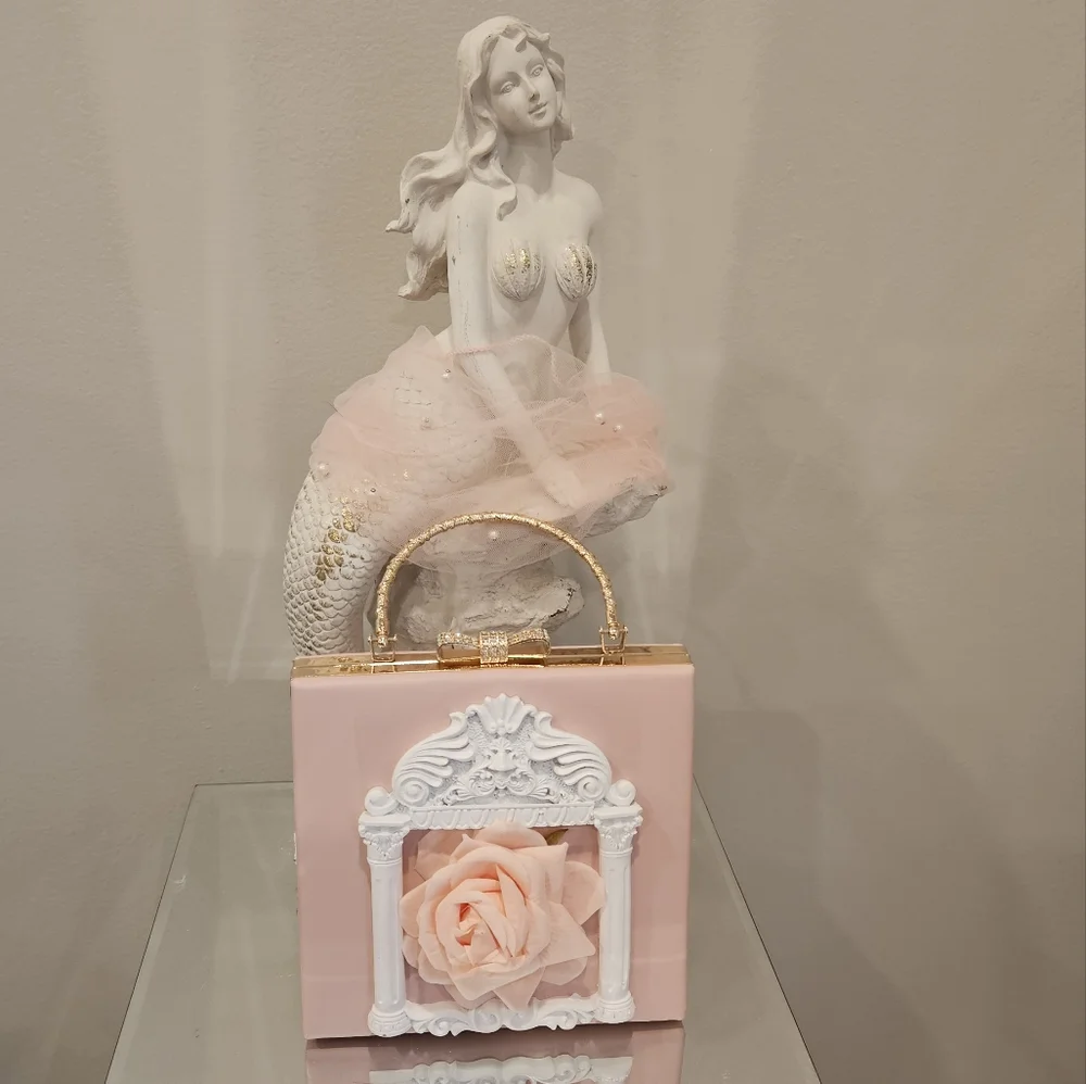 Ornate Pink Floral Box Clutch with Gold Handle